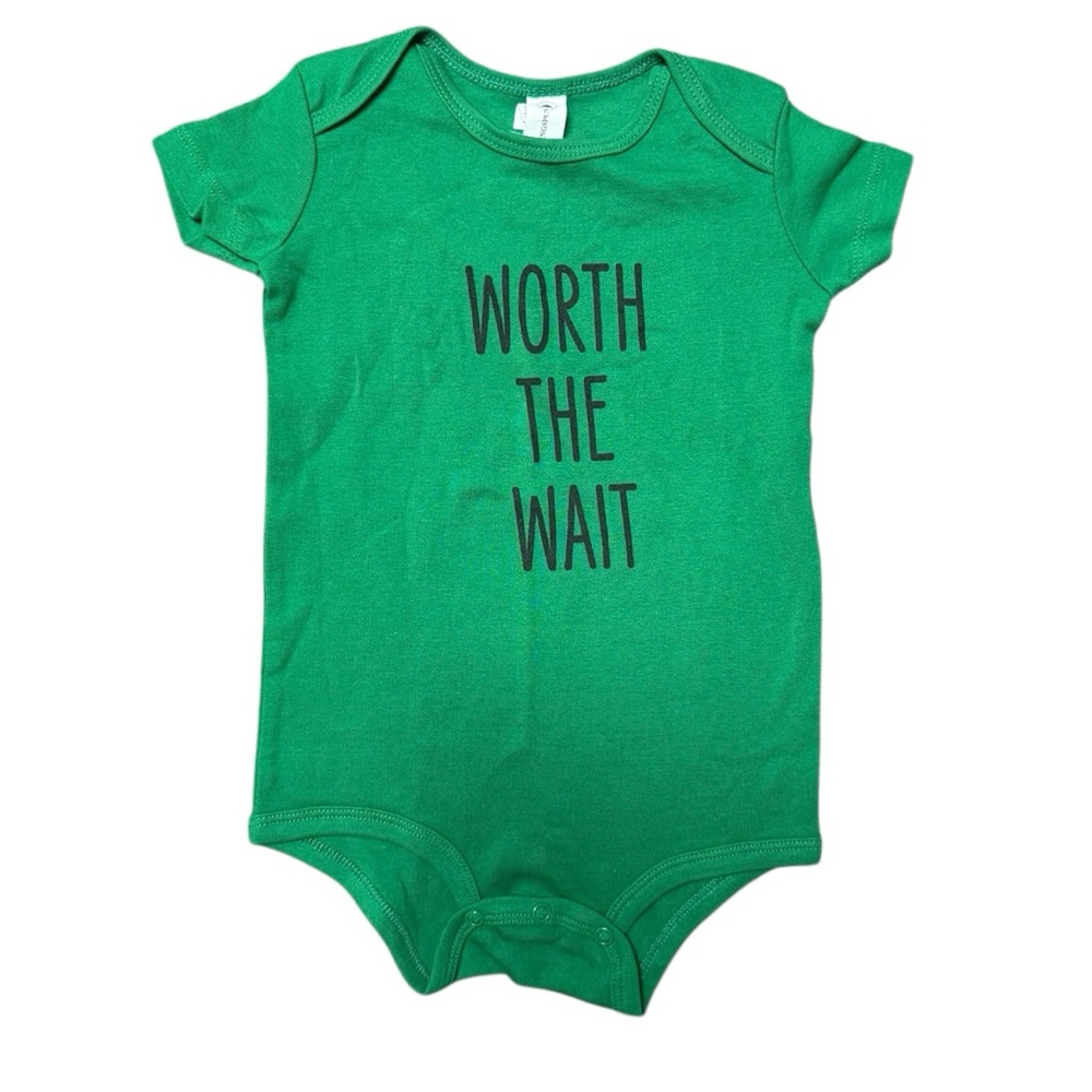 NWT Worth The Wait Green Baby Onesie 18months